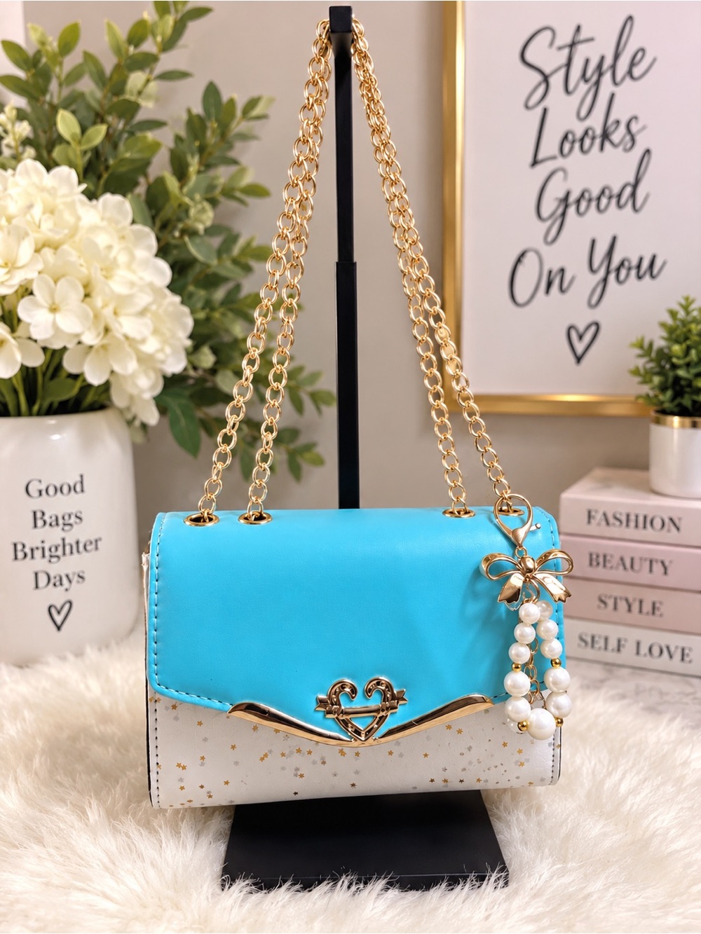 Crossbody/Shoulder Bag Turqu with Star Accents and Gold Chain(includes bagcharm)